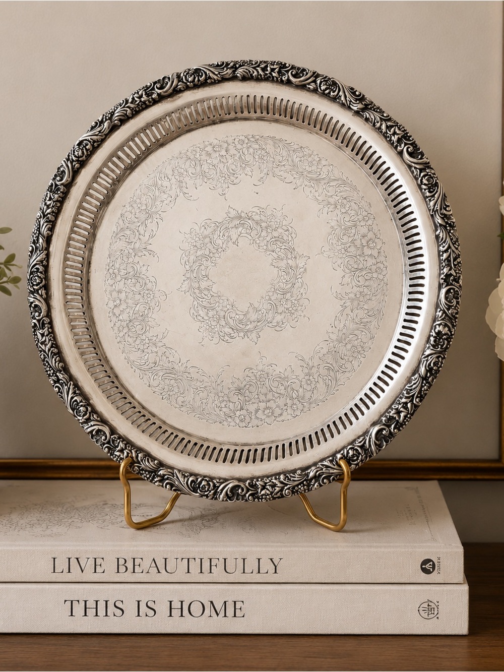 Vintage Silver Serving Tray Round Hollywood Regency Bar Cart Entertaining